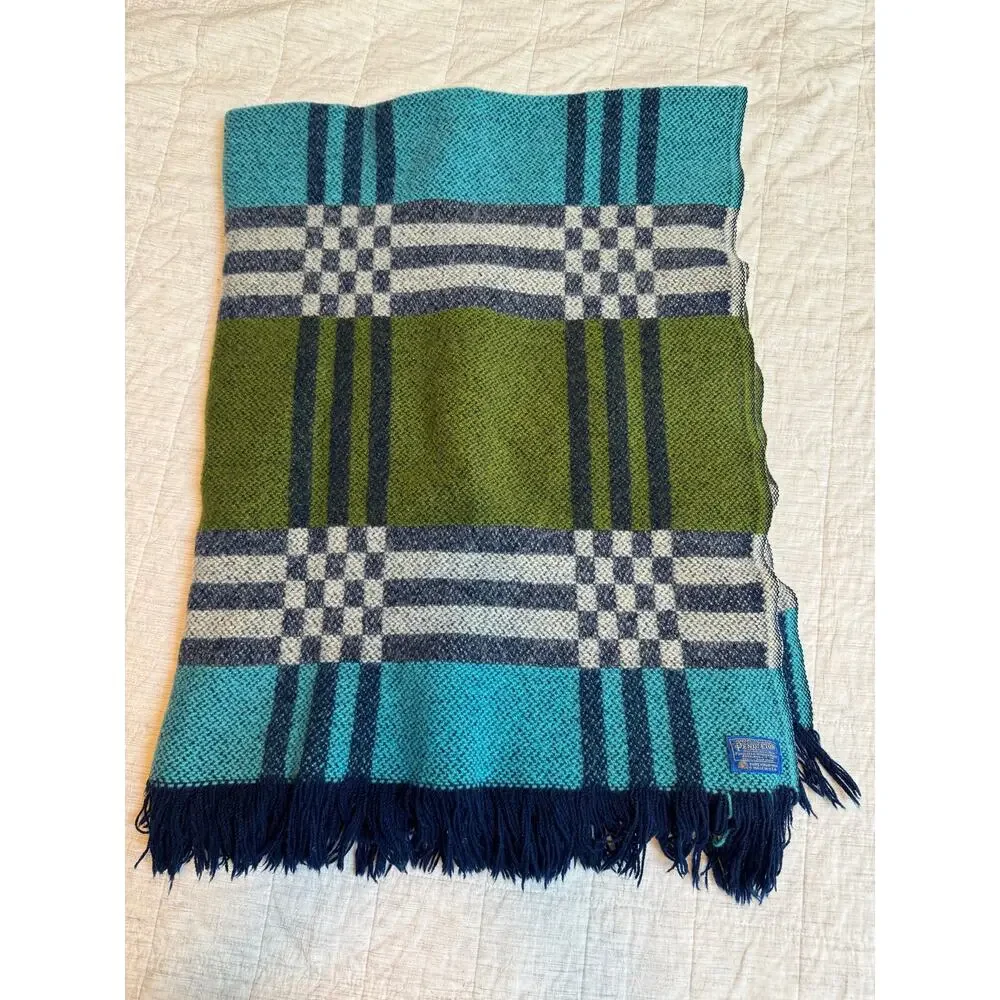 VTG Pendleton %100 Virgin Wool Woven Fringe Throw Blanket Afghan 46” x 64” MCM
